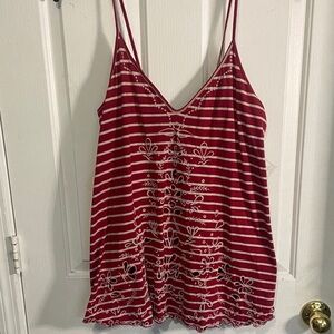 Free People Red and White Striped Embroidered V-Neck Cami